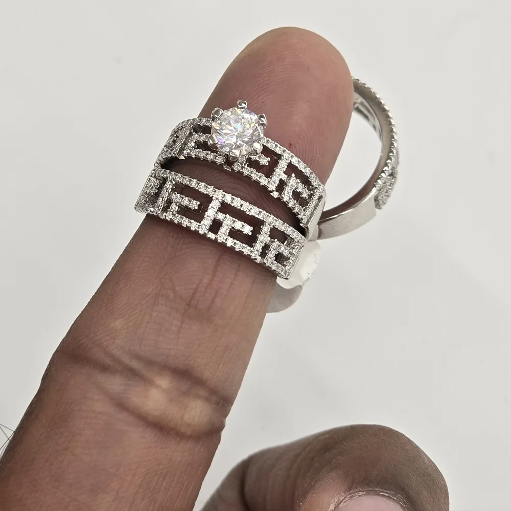 925 Sterling Silver Moissanite Diamond Wedding Trio Set - Picture 7 of 10